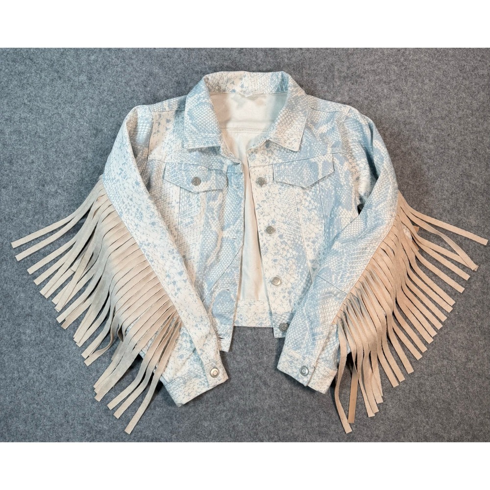 Peach Love California Blue Snakeskin Fringe Denim Jacket Womens Small Western